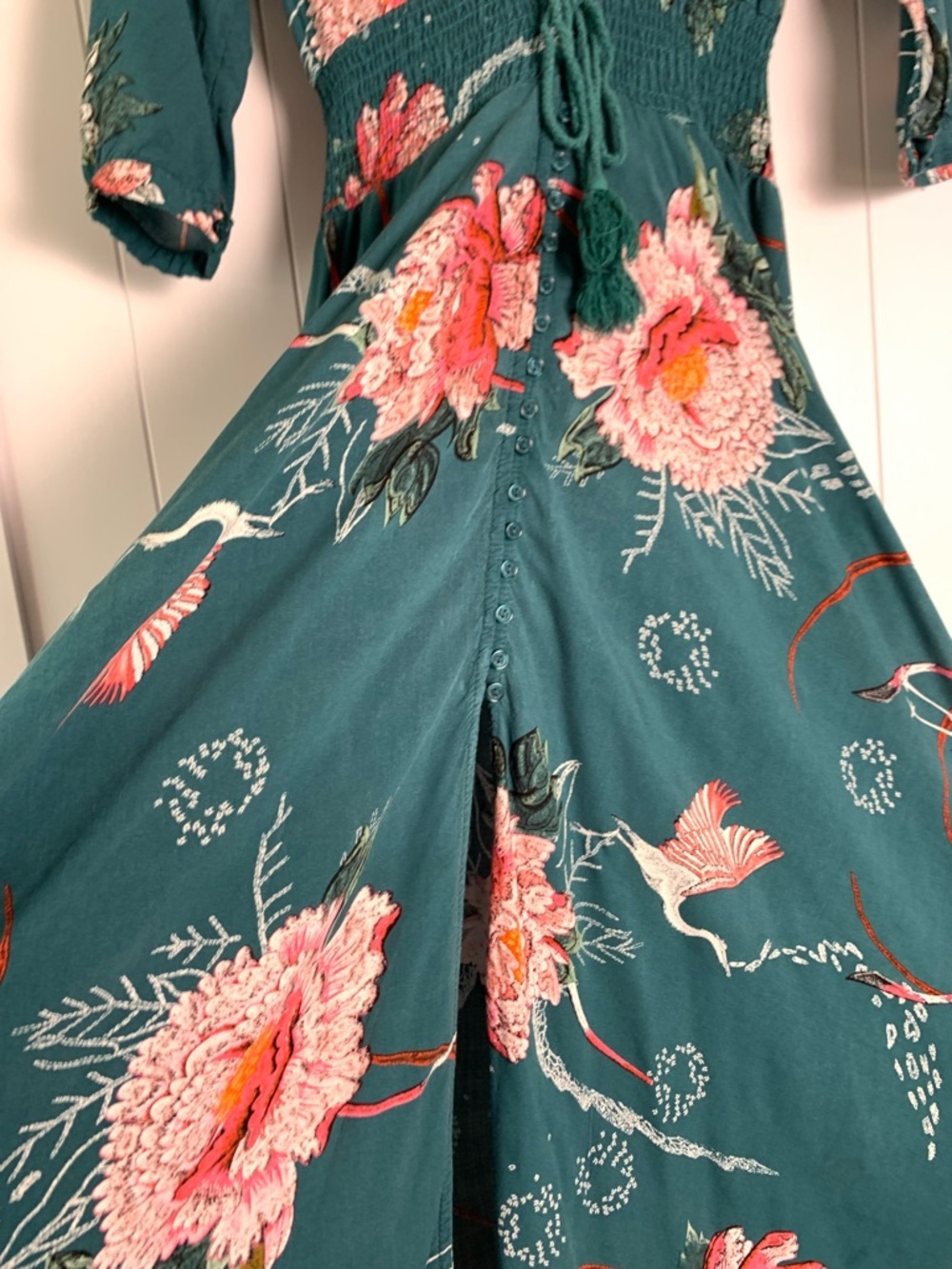 Jaase Maxi Dress XS Teal Floral Boho Autumn Wedding Guest Smocked V-Neck - Picture 5 of 16